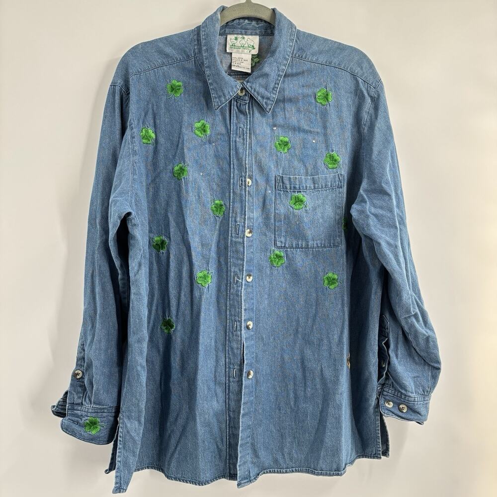 Quacker Factory Denim Shirt 1X Blue Button Front Embroidered Shamrocks Vtg